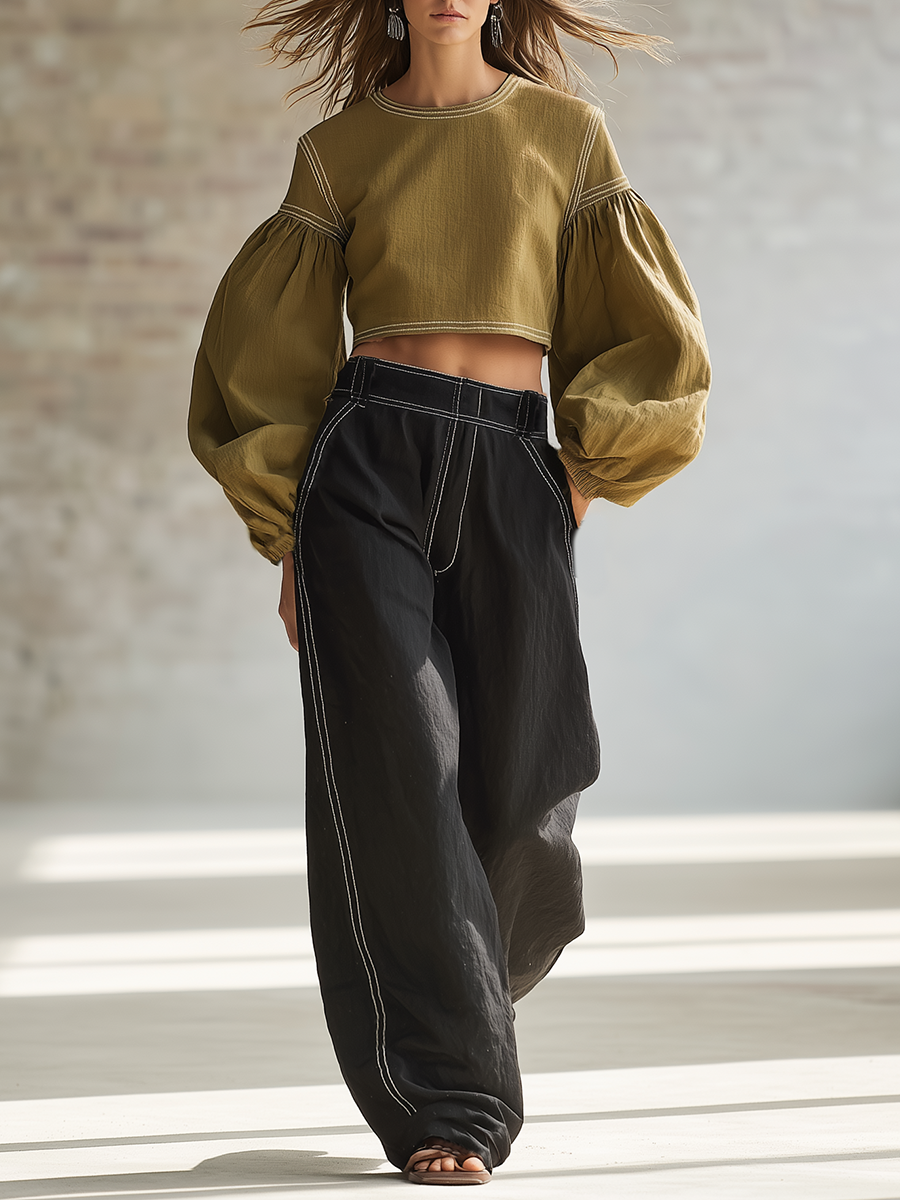 Stylish Simple Loose-fitting Lantern Sleeves Round Neckline Top With Wide-leg Trousers Set