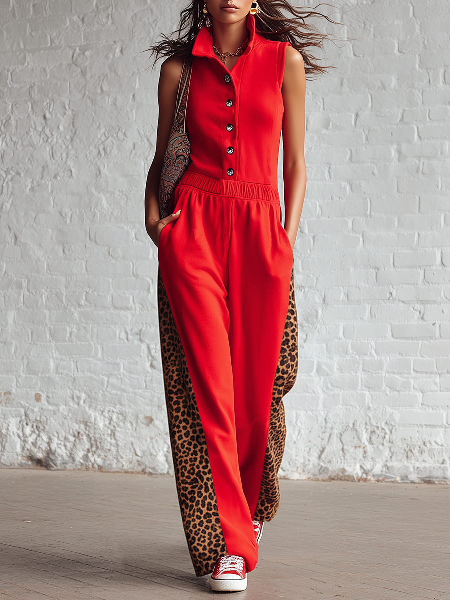 Sporty Red Knitted Stand Collar Sleeveless With Leopard Print Paneling Jumpsuit