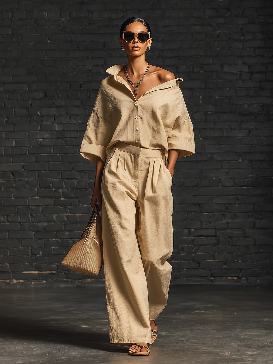 Chic Minimalist Short-Sleeve One-Shoulder Front Buttons Collared Top And Pleated Wide-Leg Trousers Beige Cotton Set