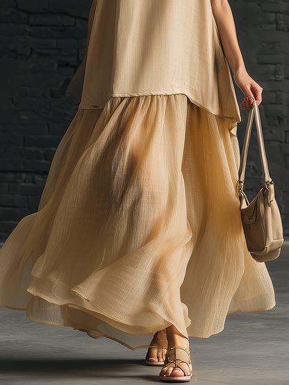 Retro-Chic Sleeveless Round-Neck Spliced Chiffon Hem Beige Cotton Maxi Dress