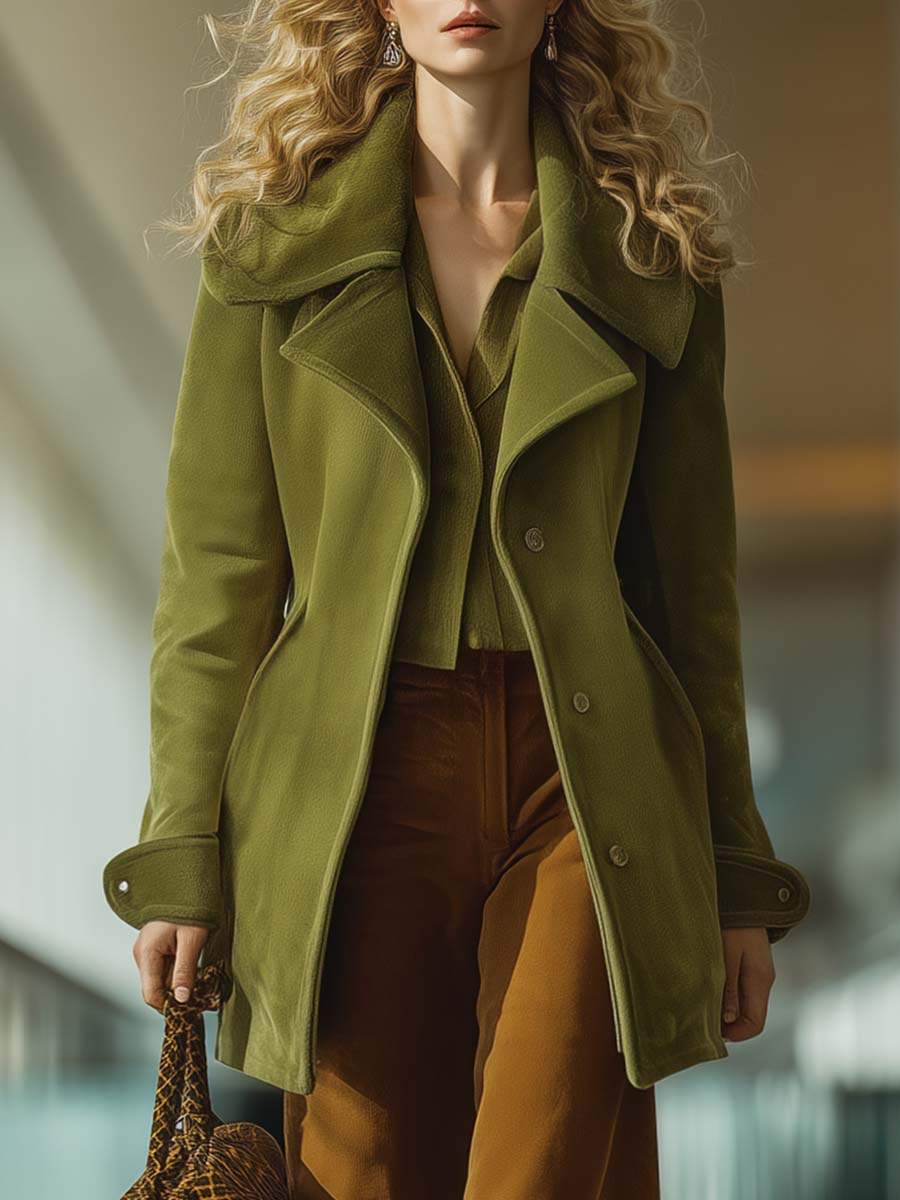 Retro Fashion Urban Versatile Olive Green Wool Front Button Coat
