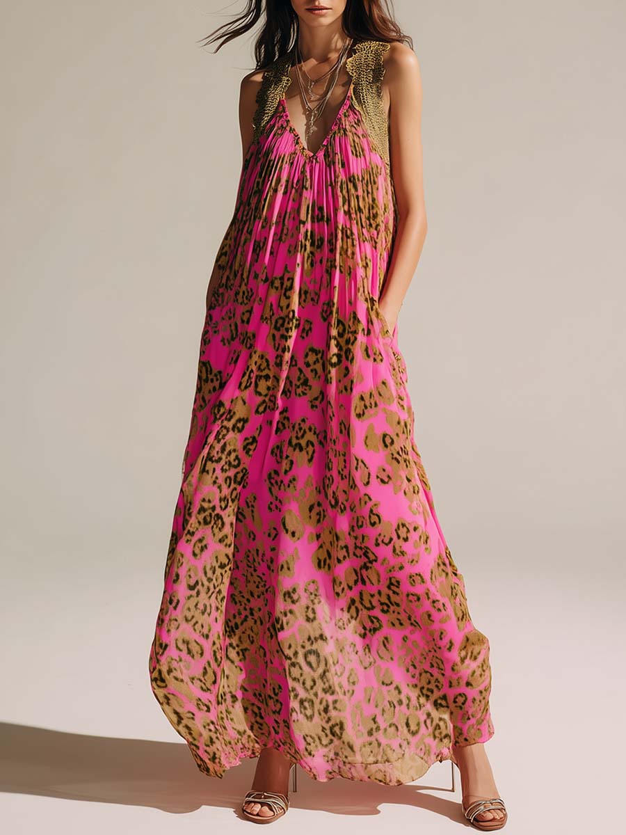 Vintage Fashion Flowing V-neck Leopard Print Raspberry Red Chiffon Maxi Dress
