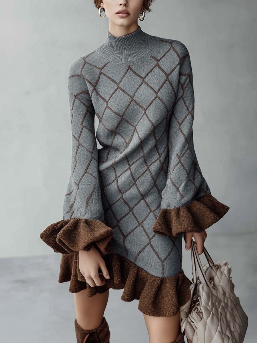 Elegant Retro Half-high Collar Brown Diamond Check Lotus Leaf Hem Gray Knitted Mini Dress