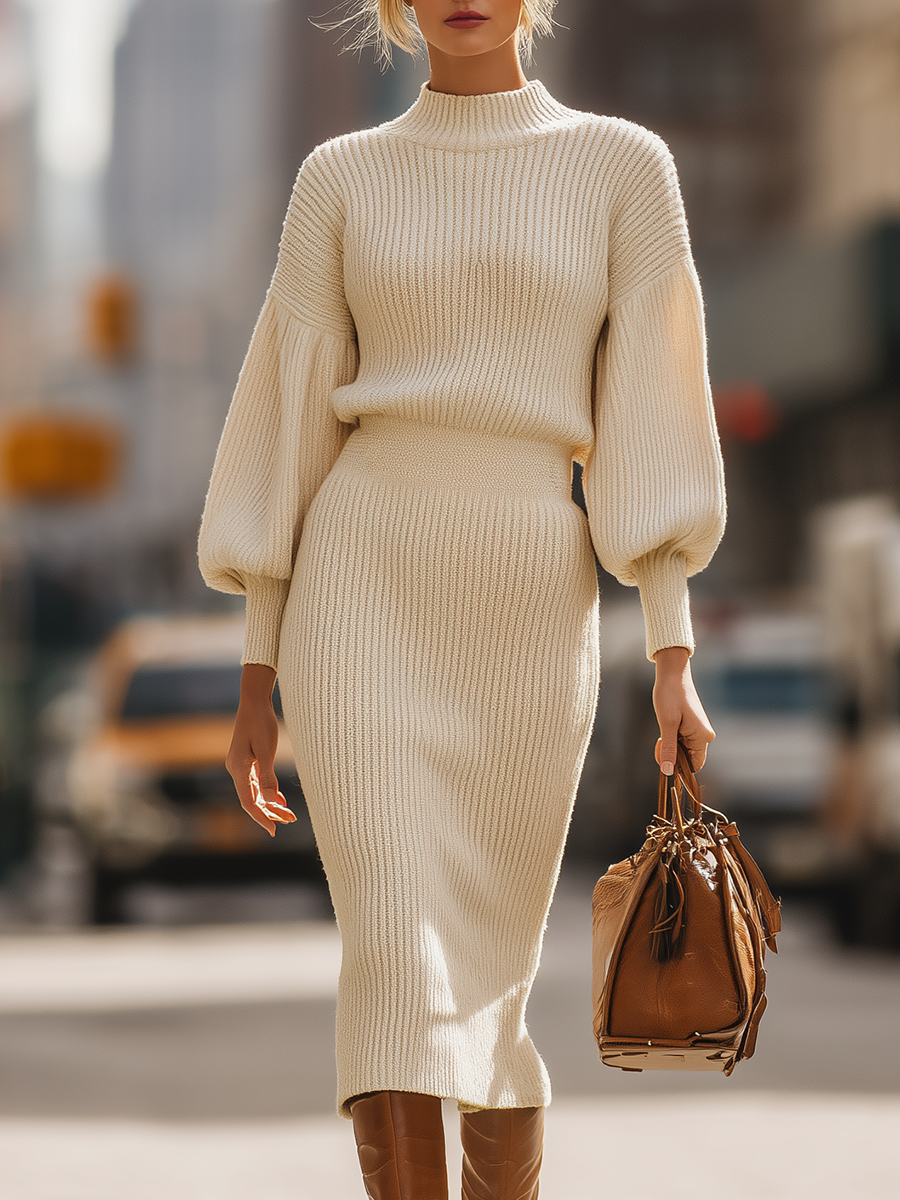 Elegant Simple Stand-up Collar Lantern Sleeve Knitted Dress