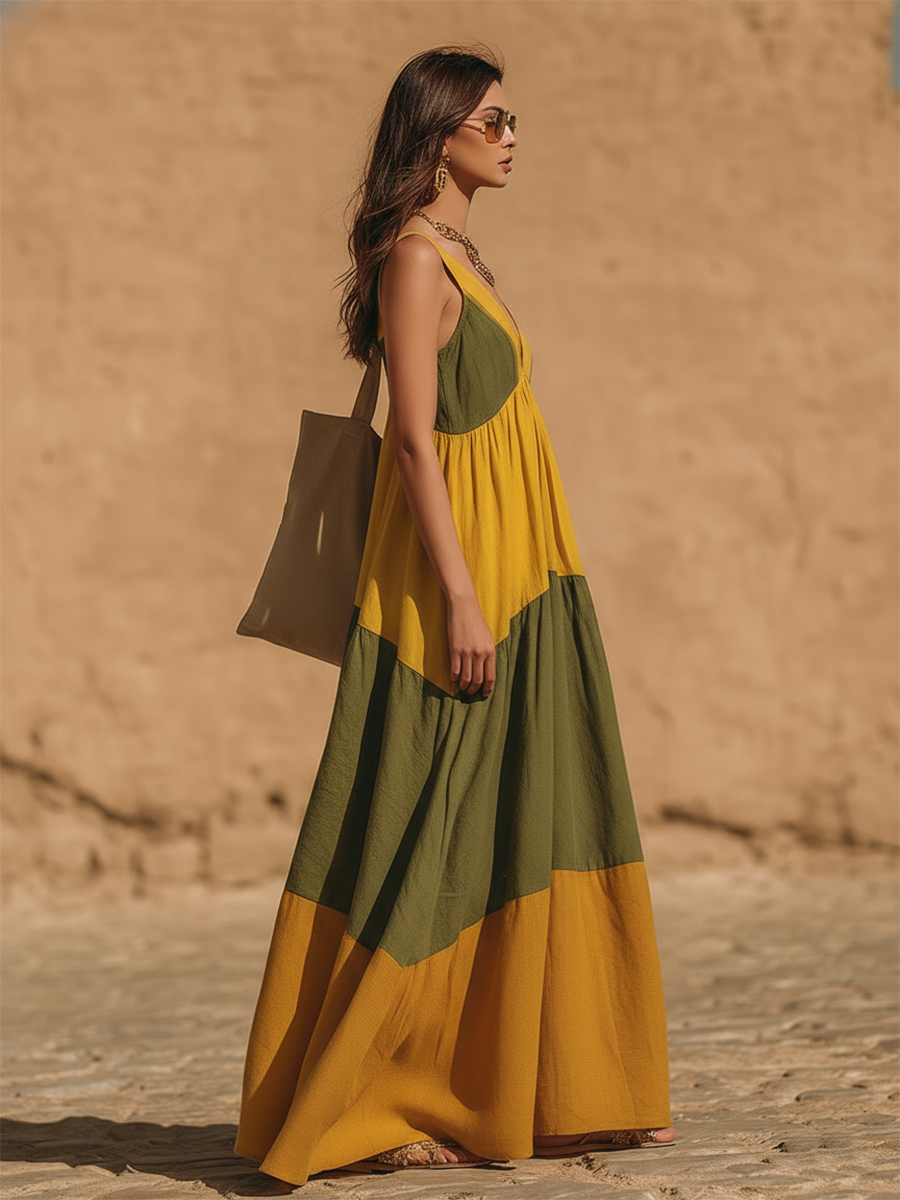 Retro Stylish Loose-fitting Sleeveless Strap Green And Yellow Patchwork Cotton Maxi Dress