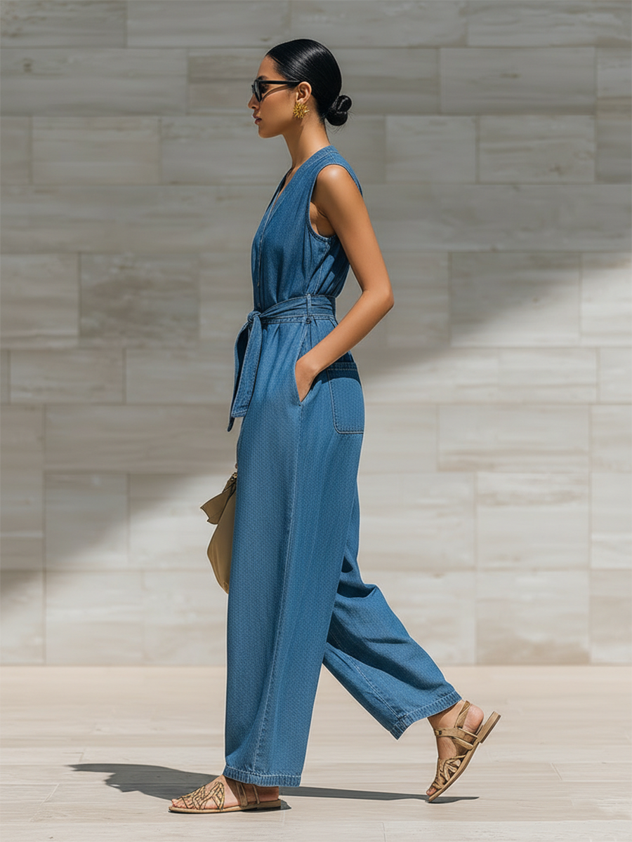 Retro-style Loose-fitting Sleeveless Irregular Front Button Closure Waist Tie Pockets Denim Blue Jumpsuit