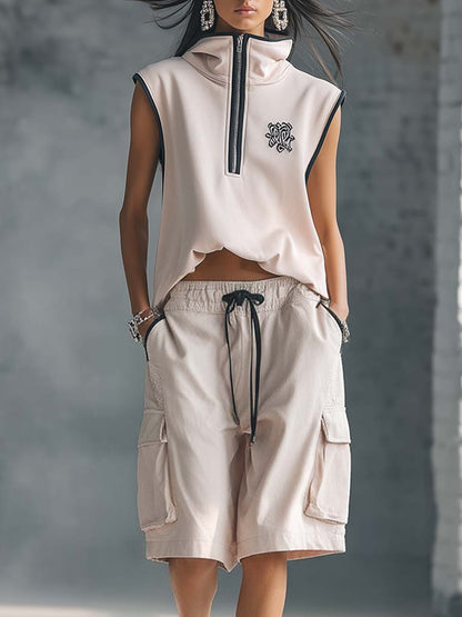 Retro Athletic Workwear Styl Black Trim Light Pink Cotton Sleeveless Turtleneck Top And Shorts Set