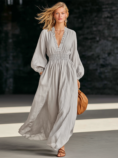 Retro Gray Cotton Linen V-neck Lace Patchwork Maxi Dress