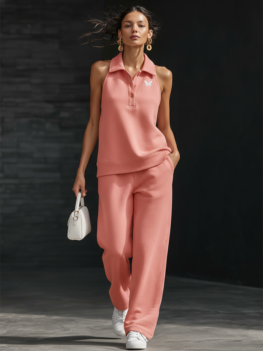 Sporty Pink Sleeveless Knit Collared Top And Wide Leg Pants Set