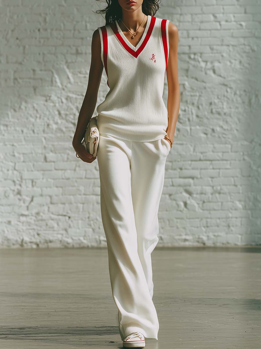 Comfortable Retro Tennis-core V-neck Red Trim Cream Knitted Vest And Pants Set