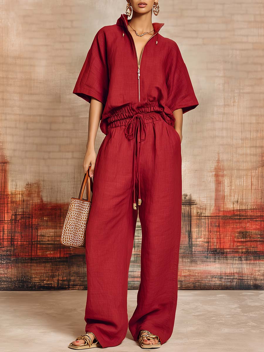 Fashion Exquisite Leisure City Red Cotton Lapel Front Zipper Short-sleeved Top And Pants Set