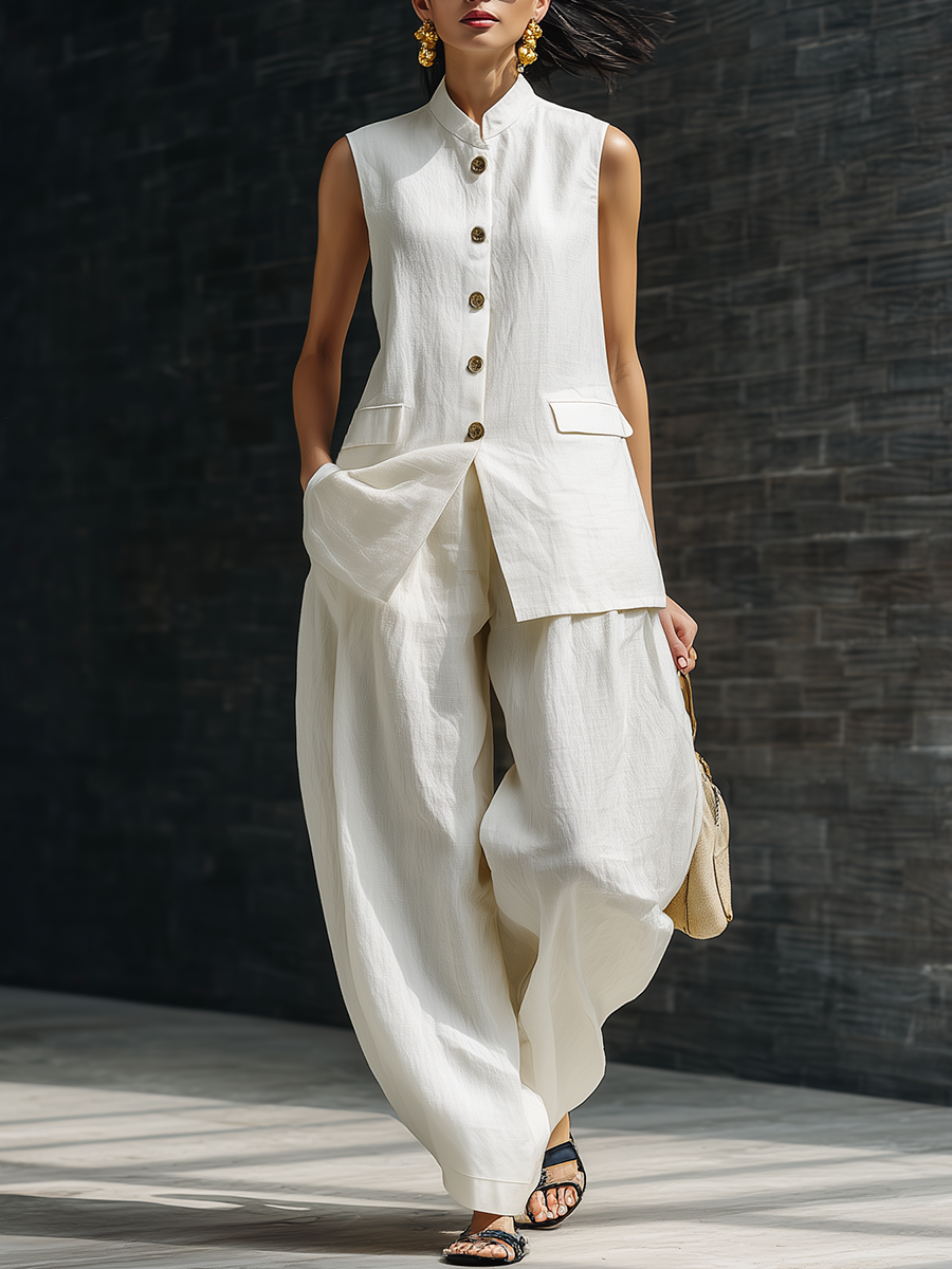 Stylish Simple Loose-fitting Sleeveless Stand-collar Front Buttons Top And Pockets White Cotton Set