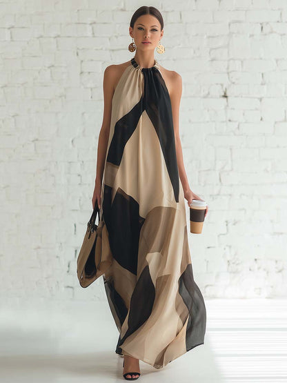 Vintage Elegant Flowing Halter-neck Black And Beige Contrasting Print Chiffon Maxi Dress