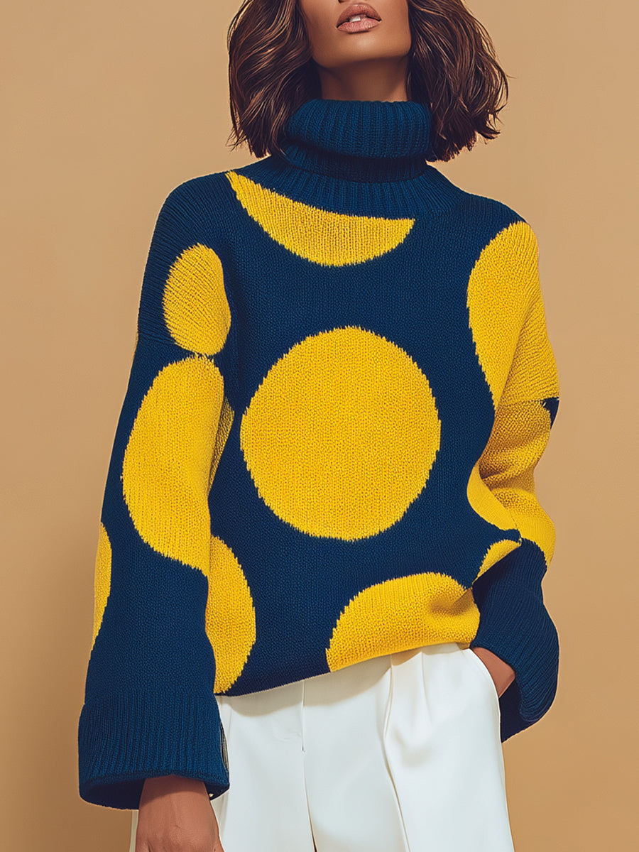 Retro And Fashionable Yellow Polka Dot Blue Turtleneck Sweater