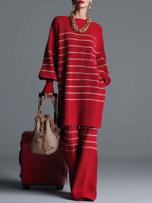 Vintage Fashion Street Red Striped Knitted Top And Pants Set