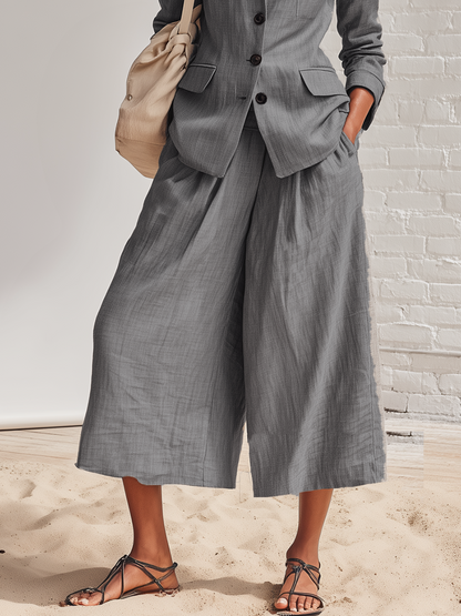 Loose Fitting Gray Cotton And Linen Suit With Lapel Jacket And Wide Leg Trousers Set