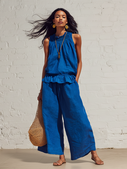 Urban Blue Cotton Linen Sleeveless Ruffled Top And Wide Leg Pants Set