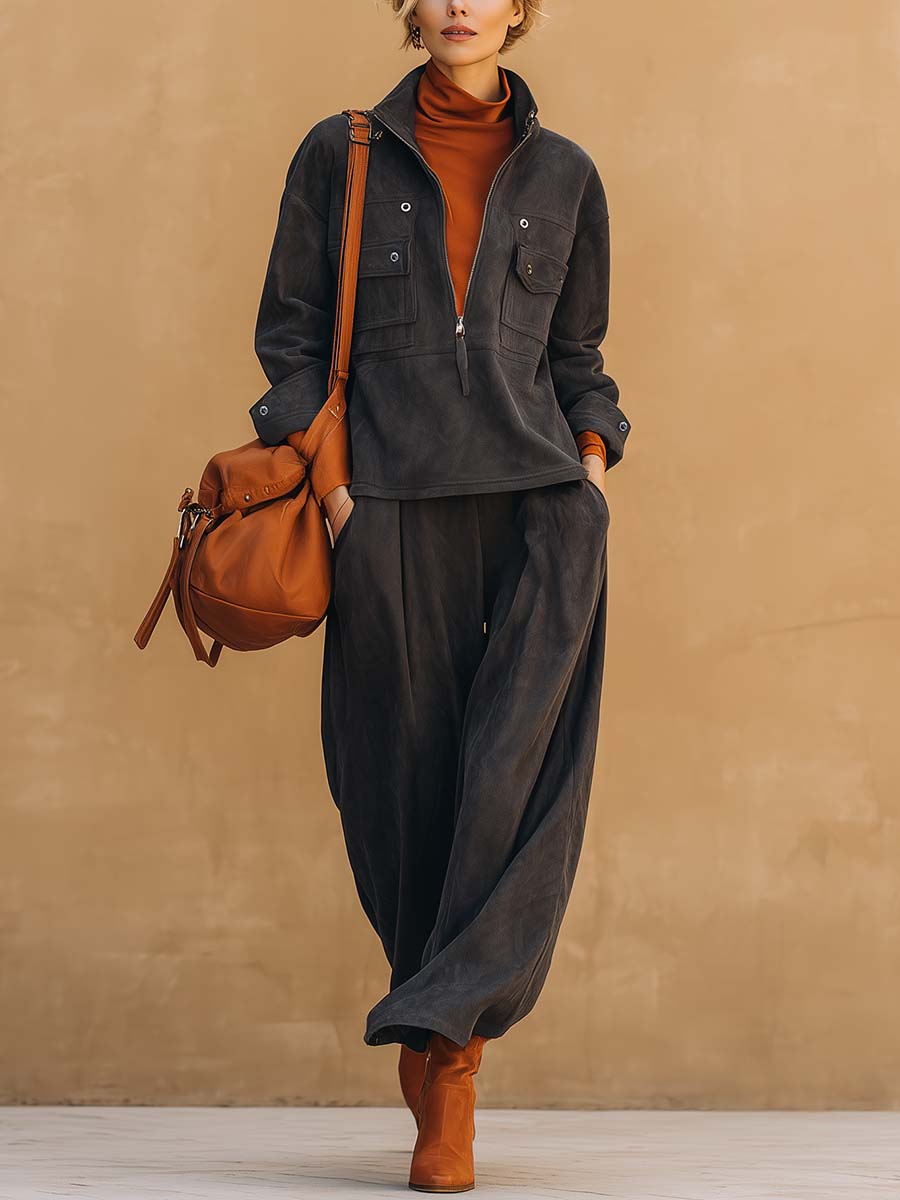 Vintage Casual Sporty Dark Gray Suede Stand-up Collar Front Zipper Sweatshirt And Wide-leg Pants Set