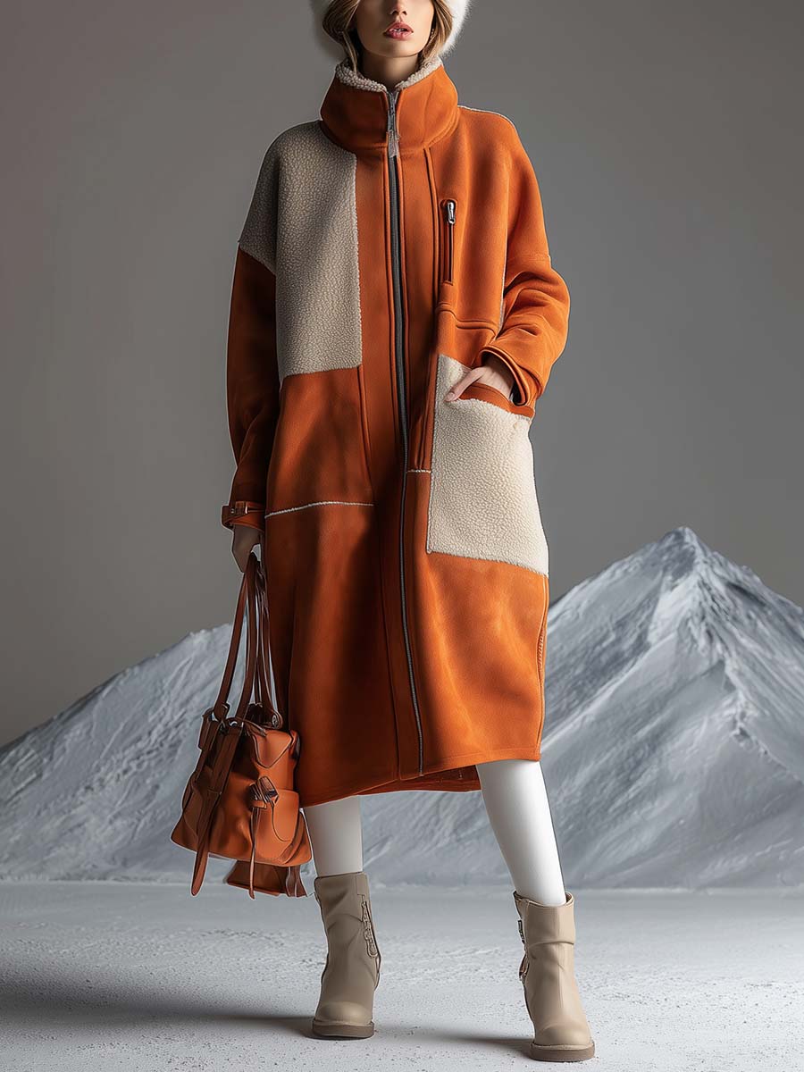 Vintage Western Outdoor Lapel Front Zipper Beige Polar Fleece Contrast Orange Suede Coat