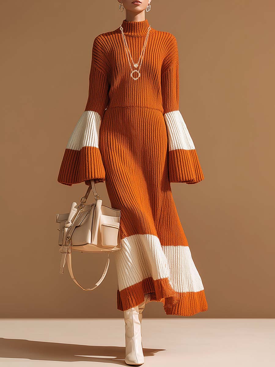 Retro Fashion Orange And White Color Matching Knitted Midi Dress