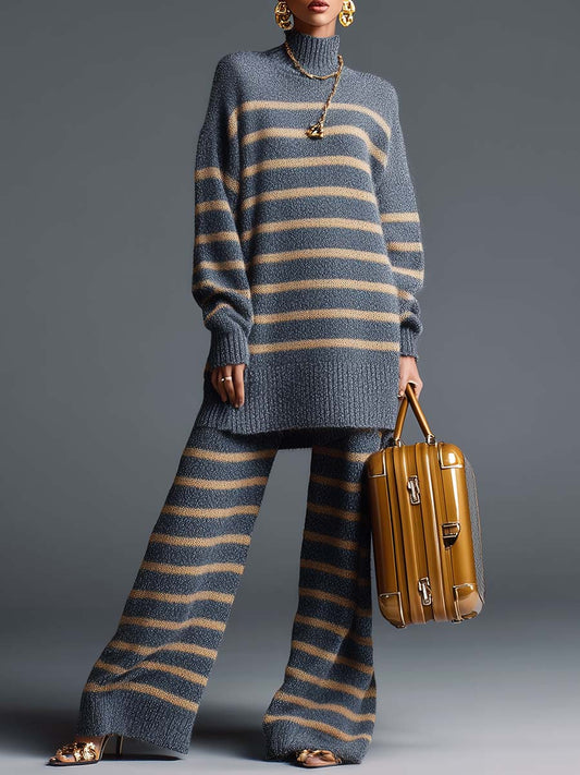 Vintage Style Street Style High Collar Striped Long Knitted Top And Pants Set