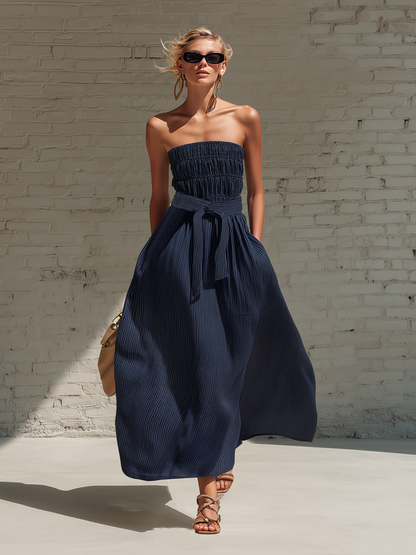 Stylish Simple Sleeveless Off-Shoulder Shirred-Bust Blue And White Stripes Cotton Maxi Dress