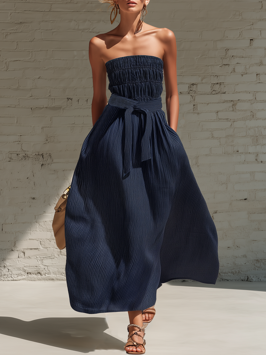 Stylish Simple Sleeveless Off-Shoulder Shirred-Bust Blue And White Stripes Cotton Maxi Dress