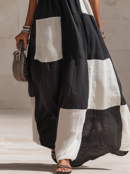 Stylish Minimalist Sleeveless White Square-Panel Ruffled Straps Black Cotton Maxi Dress