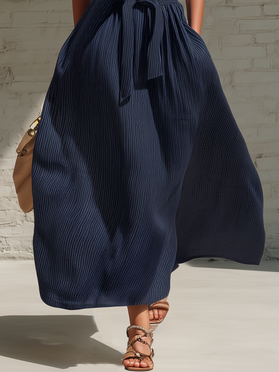Stylish Simple Sleeveless Off-Shoulder Shirred-Bust Blue And White Stripes Cotton Maxi Dress