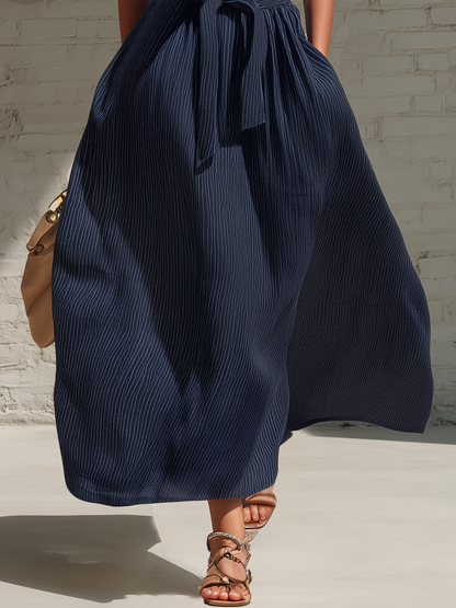 Stylish Simple Sleeveless Off-Shoulder Shirred-Bust Blue And White Stripes Cotton Maxi Dress