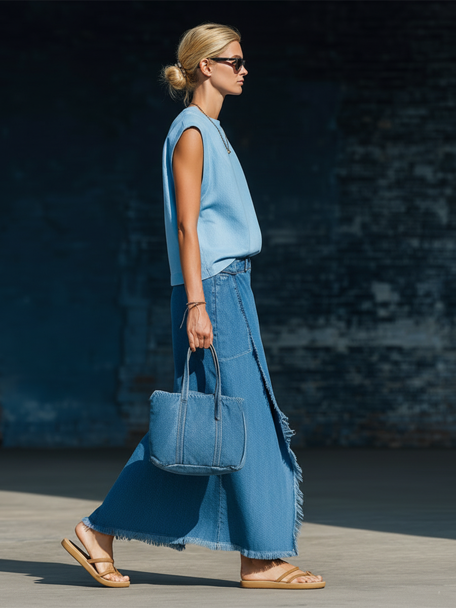 Stylish Simple Loose-fitting Sleeveless Round Neck Light Blue Top And Side-slit Frayed Dark Blue Skirt Denim Set