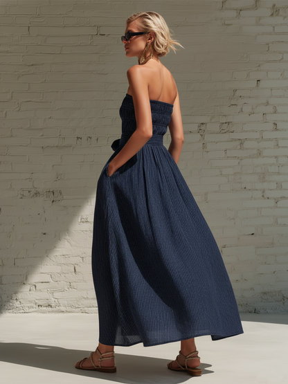 Stylish Simple Sleeveless Off-Shoulder Shirred-Bust Blue And White Stripes Cotton Maxi Dress