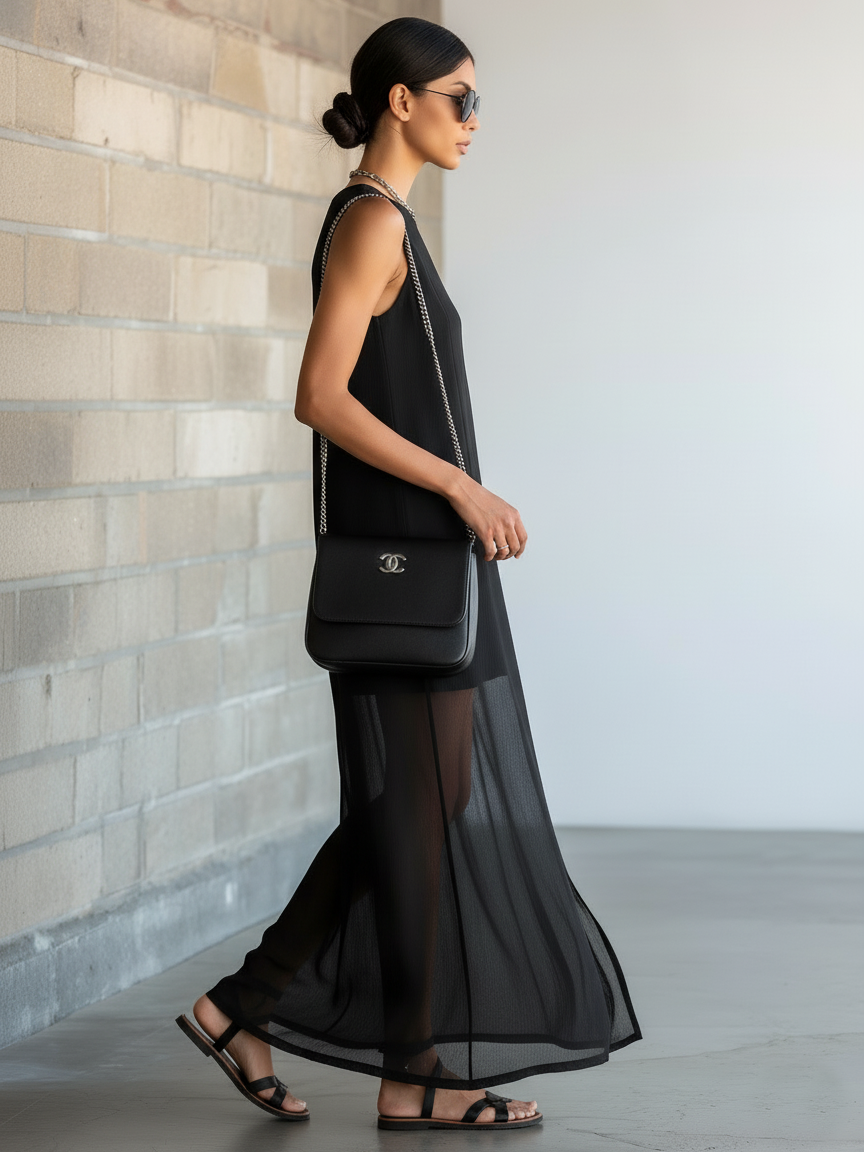 Stylish Simple Sleeveless Round-Neck Chiffon Paneling Front Slit Black Cotton Maxi Dress