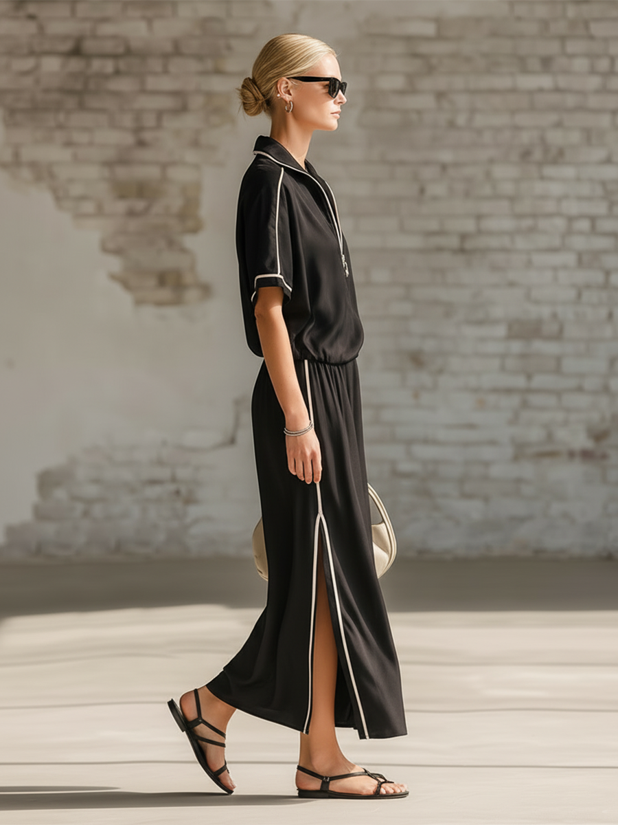 Stylish Simple Short-sleeved Front Zipper And White Striped Trim Top And Side-slit Skirt Black Cotton Set