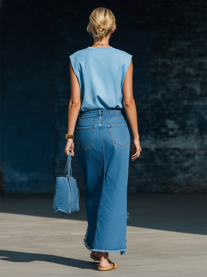 Stylish Simple Loose-fitting Sleeveless Round Neck Light Blue Top And Side-slit Frayed Dark Blue Skirt Denim Set