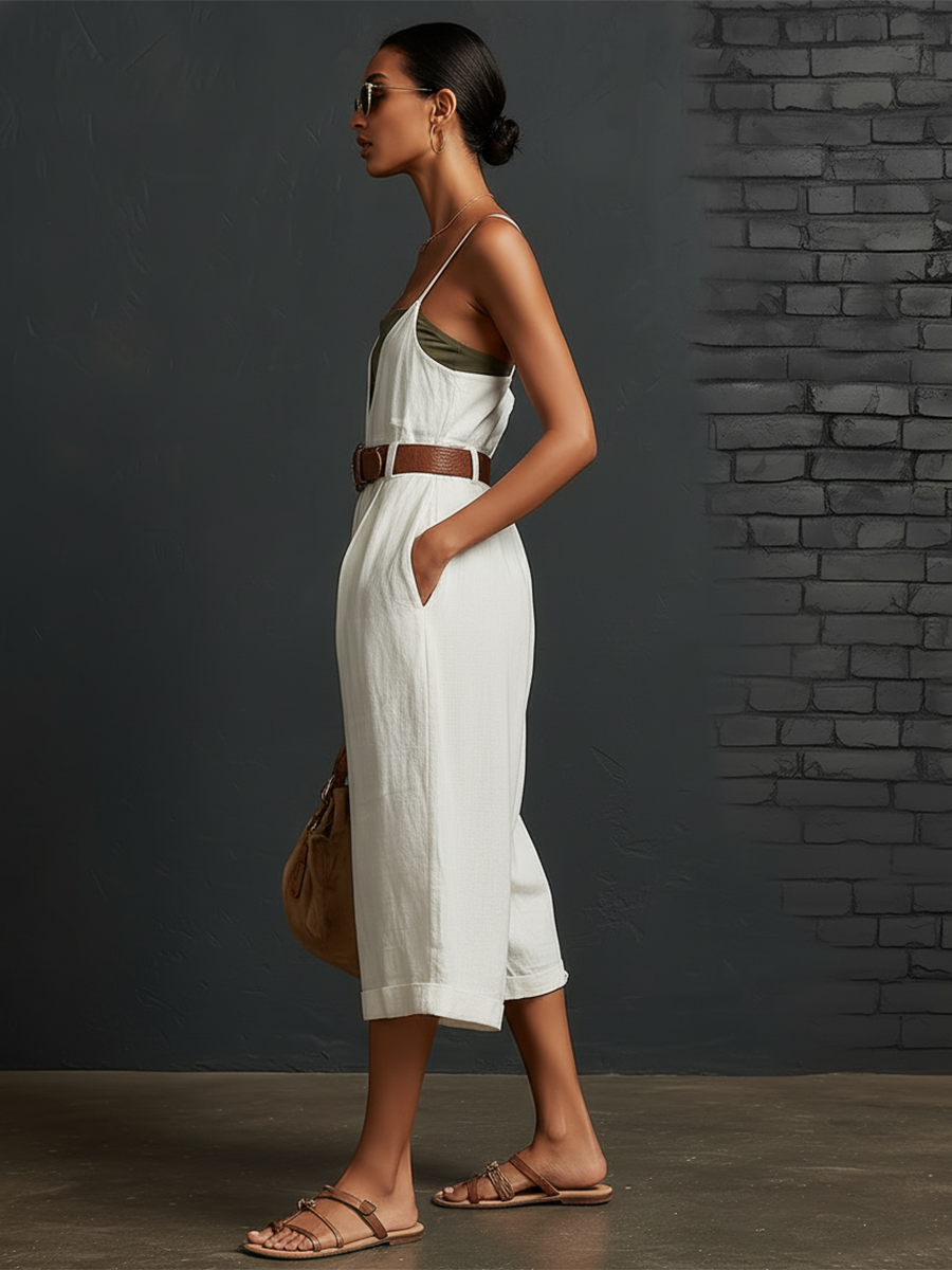 Stylish Minimalist Sleeveless Strappy Green Paneling Brown Belt Cropped White Cotton Jumpsuit
