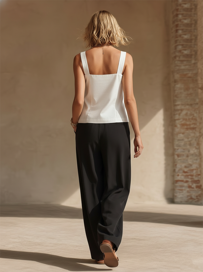 Stylish Minimalist Sleeveless White Square Neckline Straps Button Top And Black Wide-Leg Pant Cotton Set