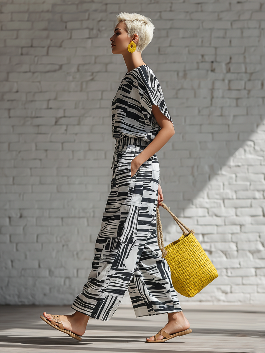 Retro Black And White Abstract Striped Chiffon Print Short Sleeved Top And Wide Leg Pants Set