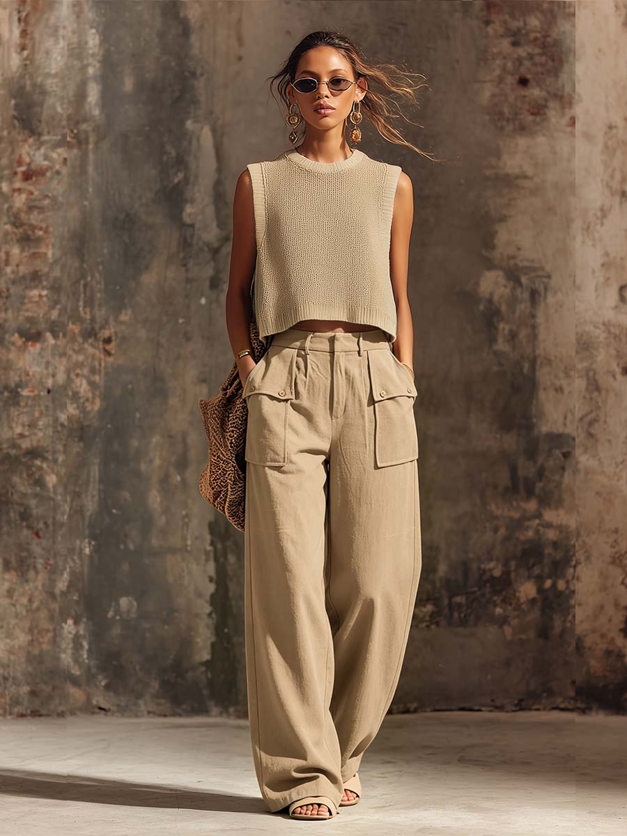 Casual Breathable Urban Style Beige Knitted Top And Cotton Pants Set