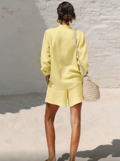 Casual Blue Cotton And Linen V-neck Top And Wide Leg Shorts Set