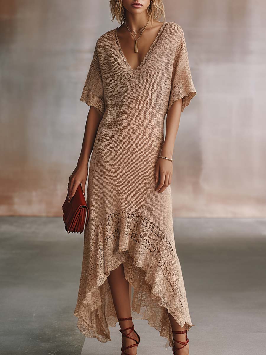 Vintage Fashion Lace V-neck Short-sleeved High And Low Hem Beige Lightweight Knit Maxi Dress