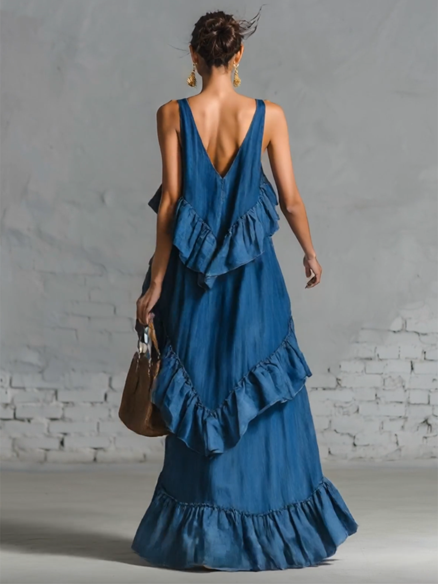 Stylish Simple Loose-fitting Sleeveless V-neck Strap Ruffle Blue Cotton Maxi Dress