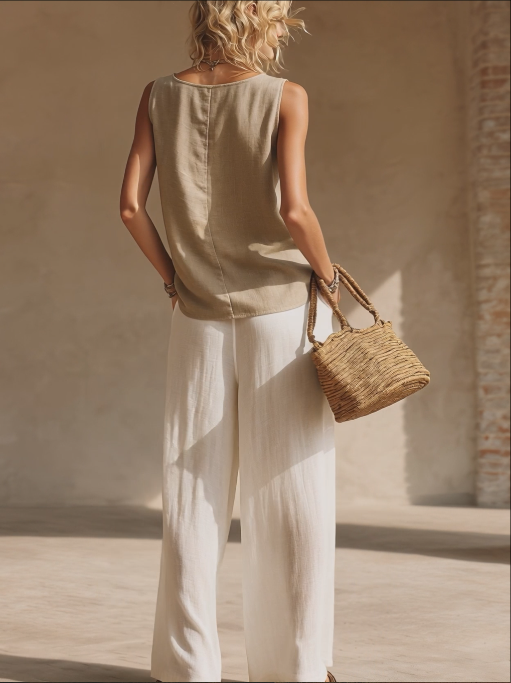 Stylish Minimalist Sleeveless Square Neck Front Buttons Beige Top And White Wide-Leg Pants Cotton Set