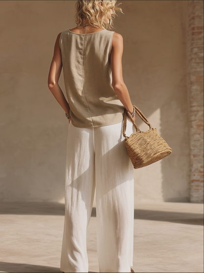 Stylish Minimalist Sleeveless Square Neck Front Buttons Beige Top And White Wide-Leg Pants Cotton Set