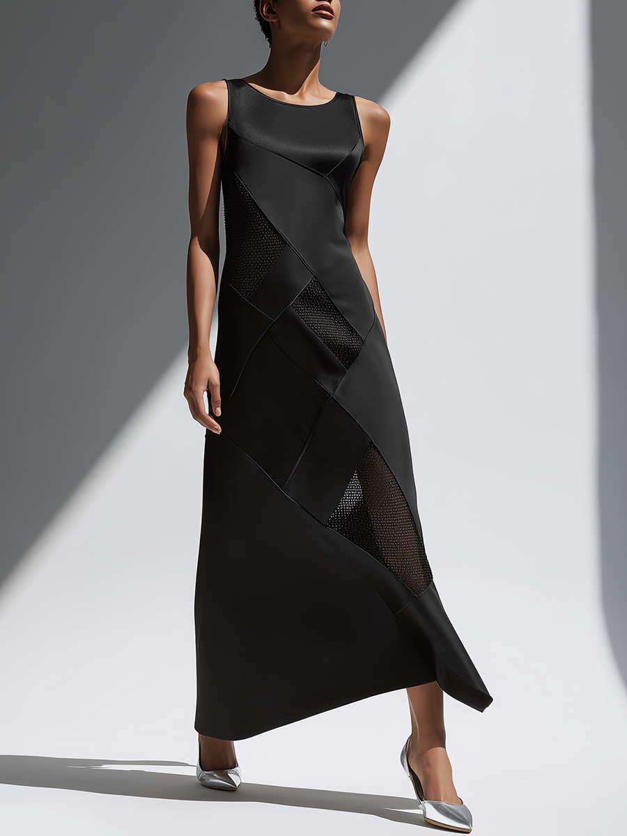 Vintage Fashion Loose-fitting Sleeveless Irregular Patchwork Design Mesh And Satin Black Maxi Dress