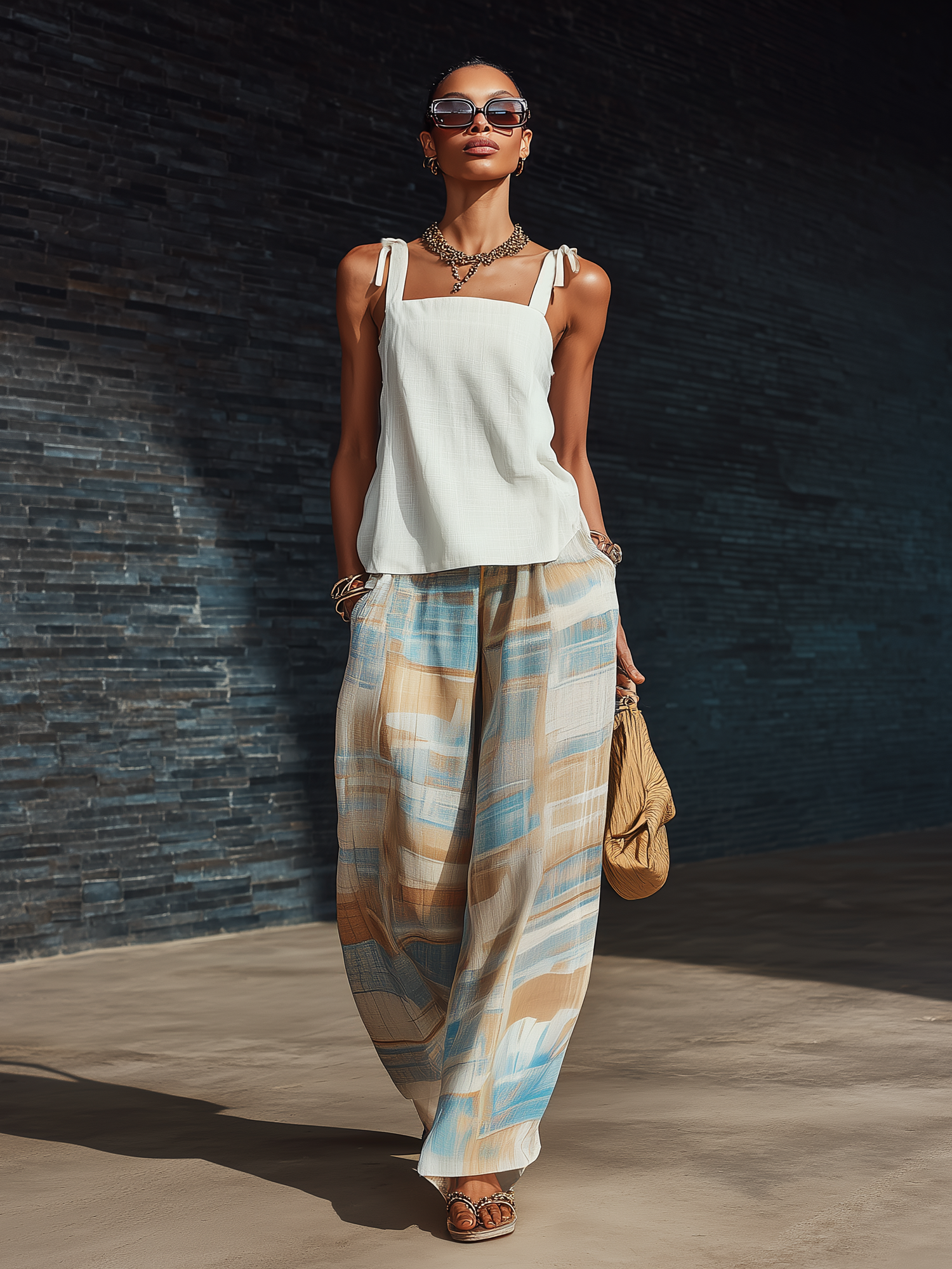 Stylish Minimalist Sleeveless Tie-Shoulder Straps White Cotton Top And Abstract-Print Chiffon Wide-Leg Pants Set