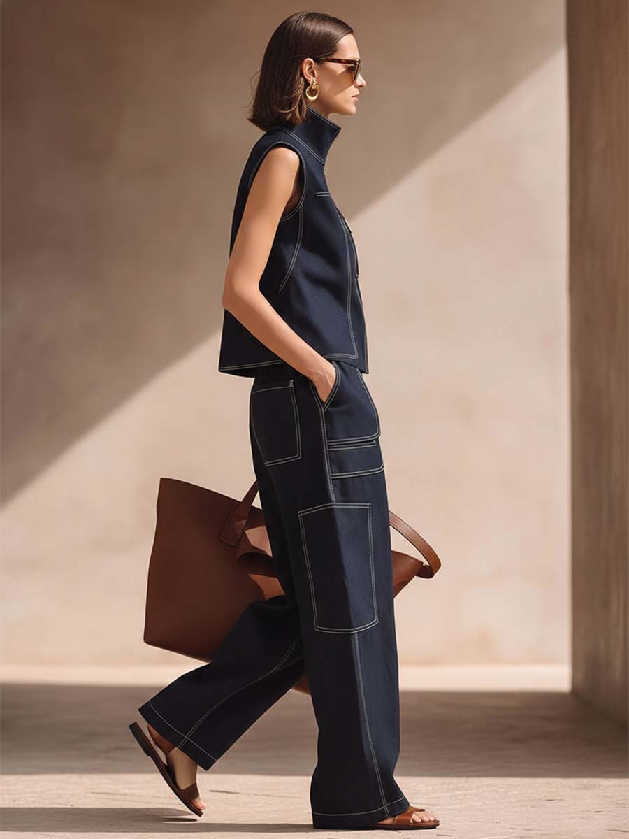 Casual Urban Style White Stitched Front Zipper Dark Blue Denim Vest And Pants Set