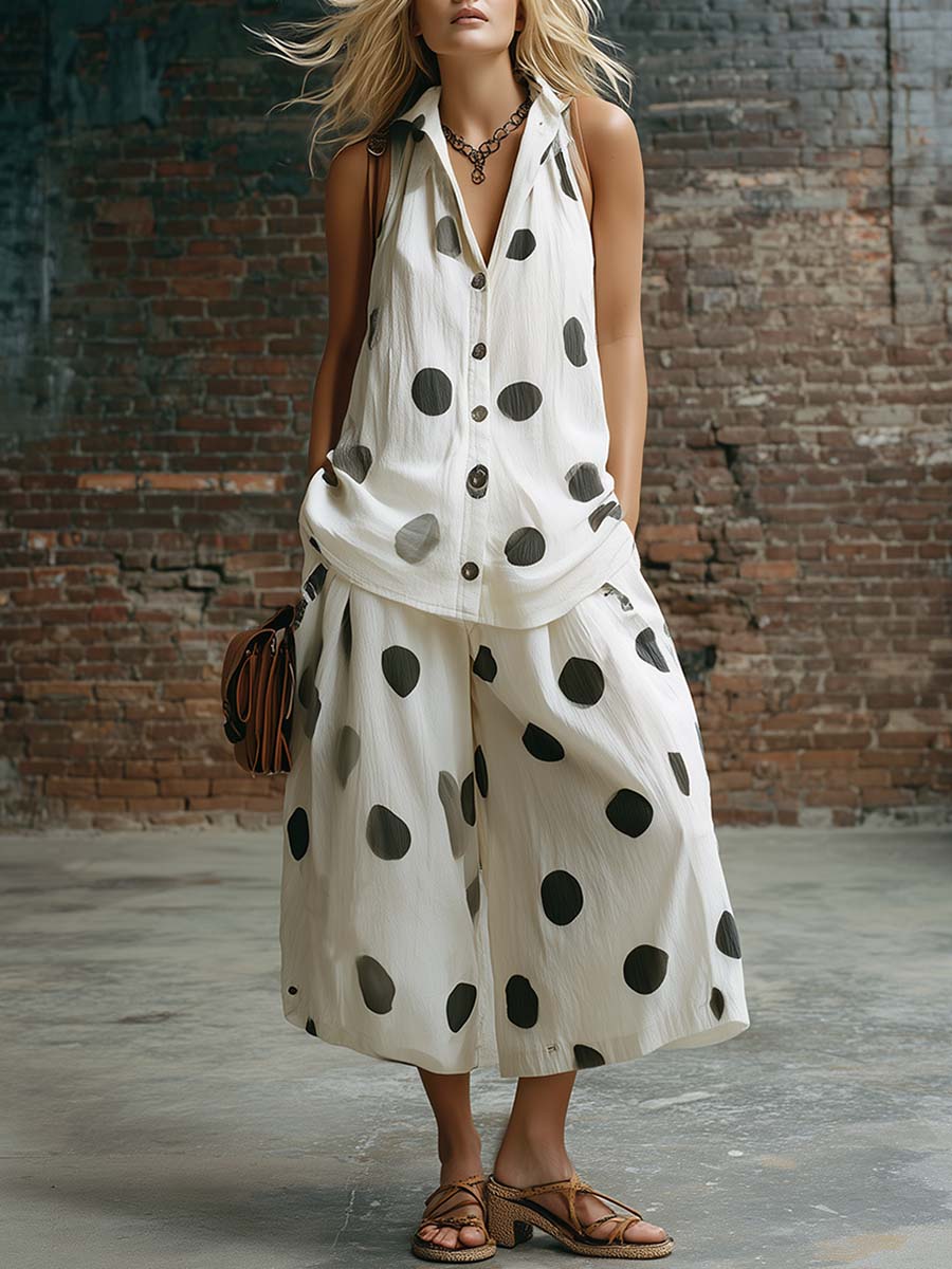 Retro Casual Loose-fitting Black Polka Dot Print Off White Chiffon Vest And Pants Set