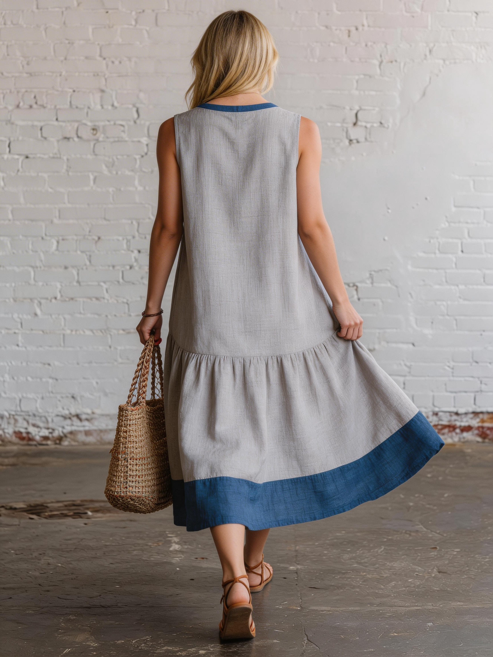 Casual Grey Cotton Linen V-neck Sleeveless With Blue Trim  Midi Dress