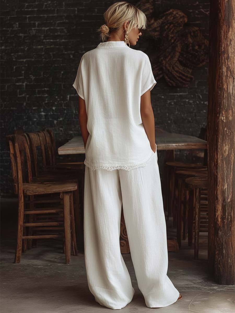 Elegant Casual Urban Style V-neck Lace Hem White Cotton Short-sleeved Top And Pants Set